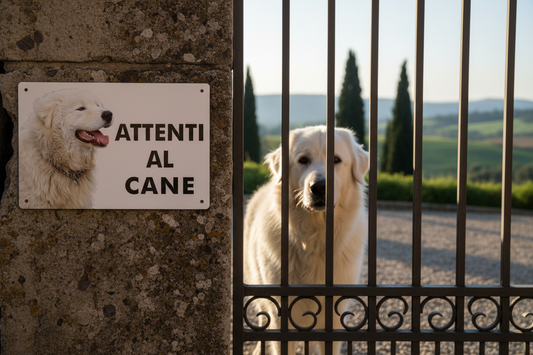 Cartello Attenti al Cane su cancello villa italiana