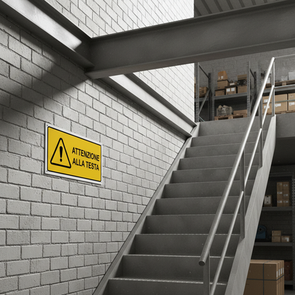 Cartello Attenzione alla Testa installato accanto a scala