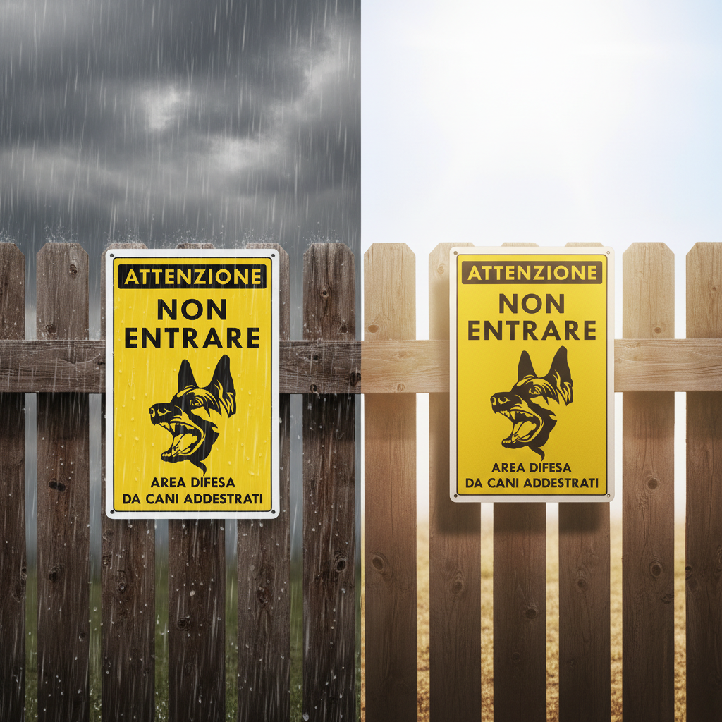 Cartello Cani Addestrati su staccionata in condizioni climatiche estreme