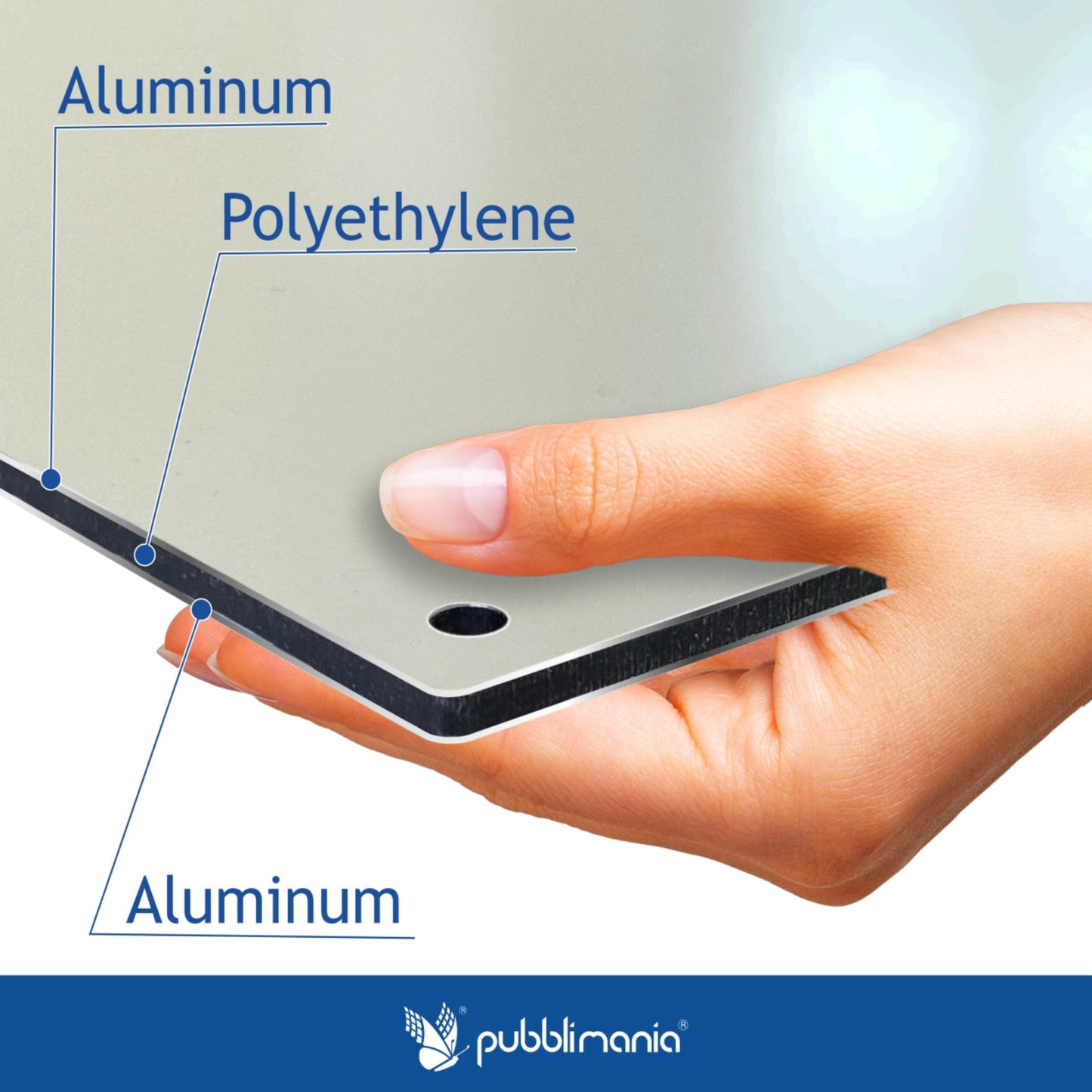 cartello in dibond pubblimania, dibond visto in sezione alluminio composito da 3 mm di spessore