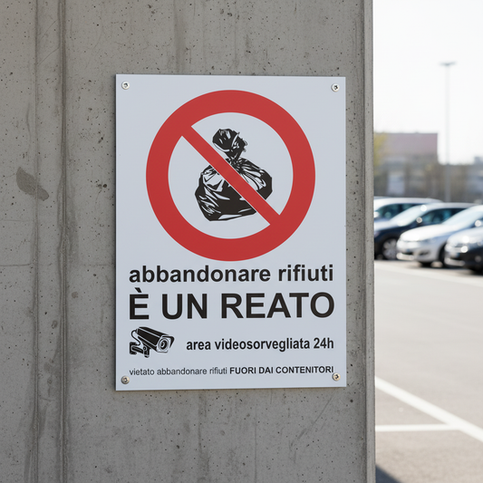 Cartello divieto abbandono rifiuti installato su muro