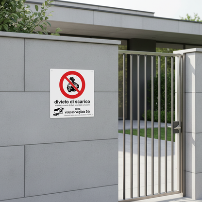 Cartello Divieto di scarico su muro villa moderna accanto al cancello