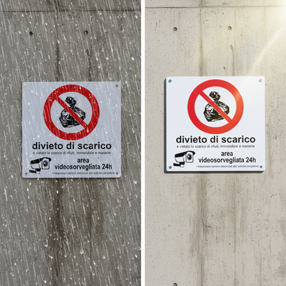 Cartello Divieto di scarico - Test durabilità pioggia e sole