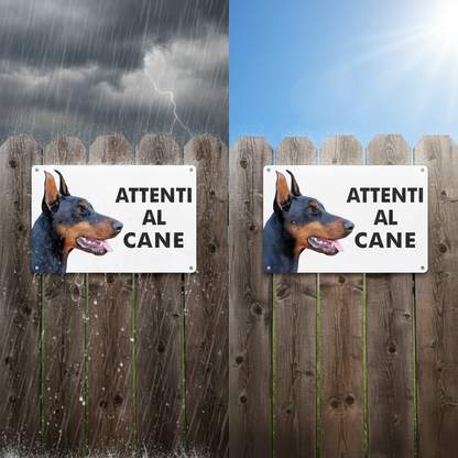 Cartello Dobermann su staccionata in condizioni climatiche estreme