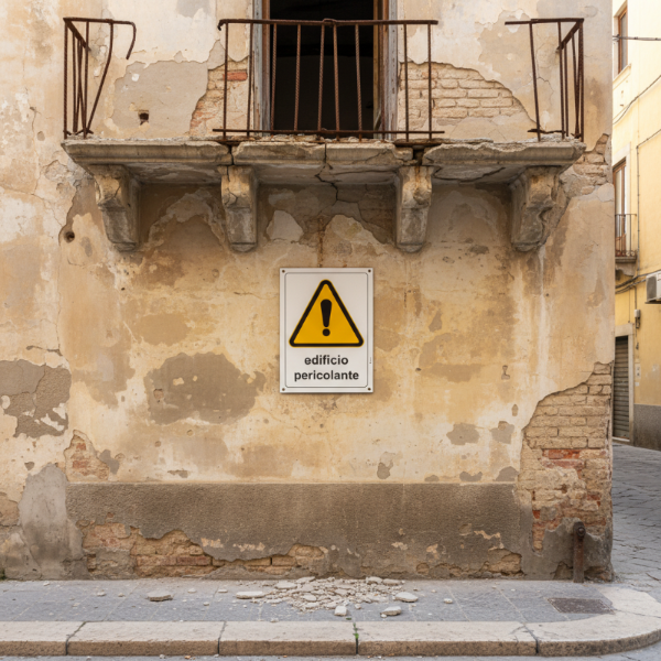 Cartello edificio pericolante con balcone