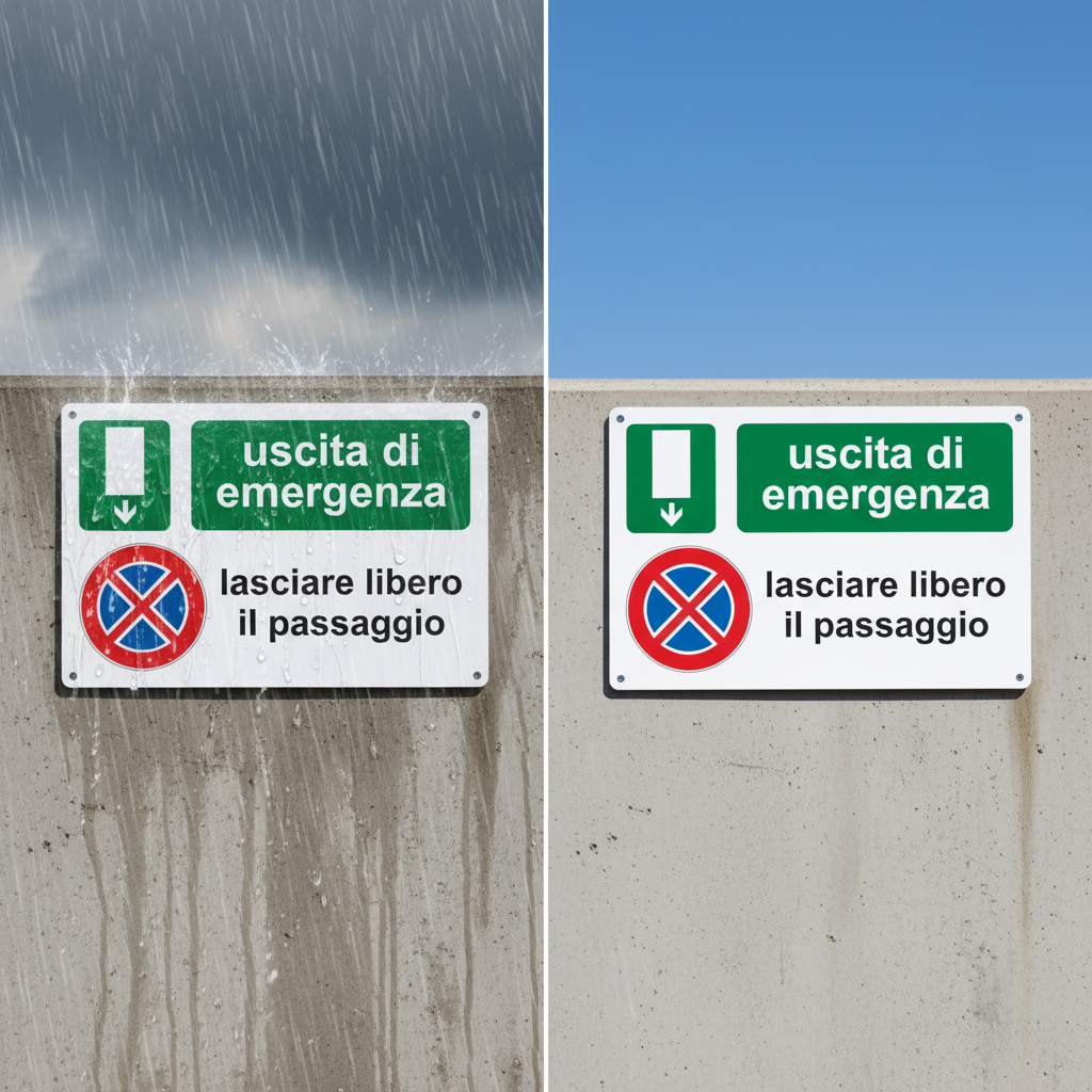 Cartello pubblimania uscita di emergenza lasciare libero il passaggio non parcheggiare