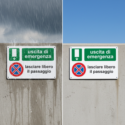 Cartello pubblimania uscita di emergenza lasciare libero il passaggio non parcheggiare