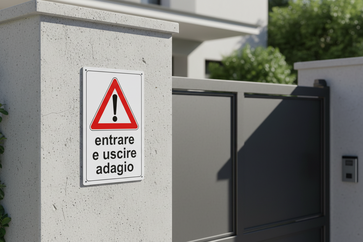 Cartello Entrare e Uscire Adagio montato su pilastro di cancello