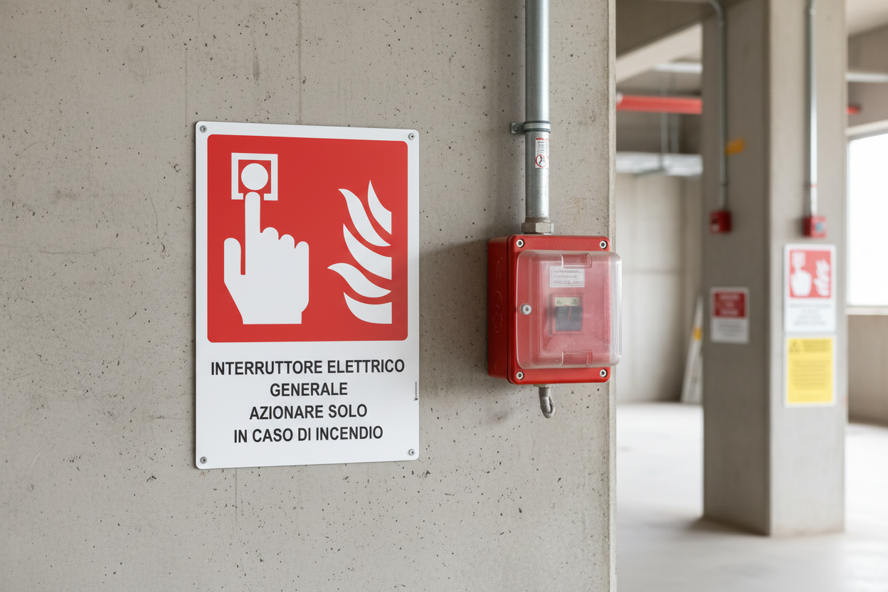 Cartello interruttore antincendio installato accanto all'interruttore elettrico