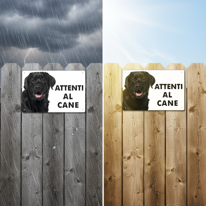 Cartello Labrador nero su staccionata in condizioni climatiche estreme