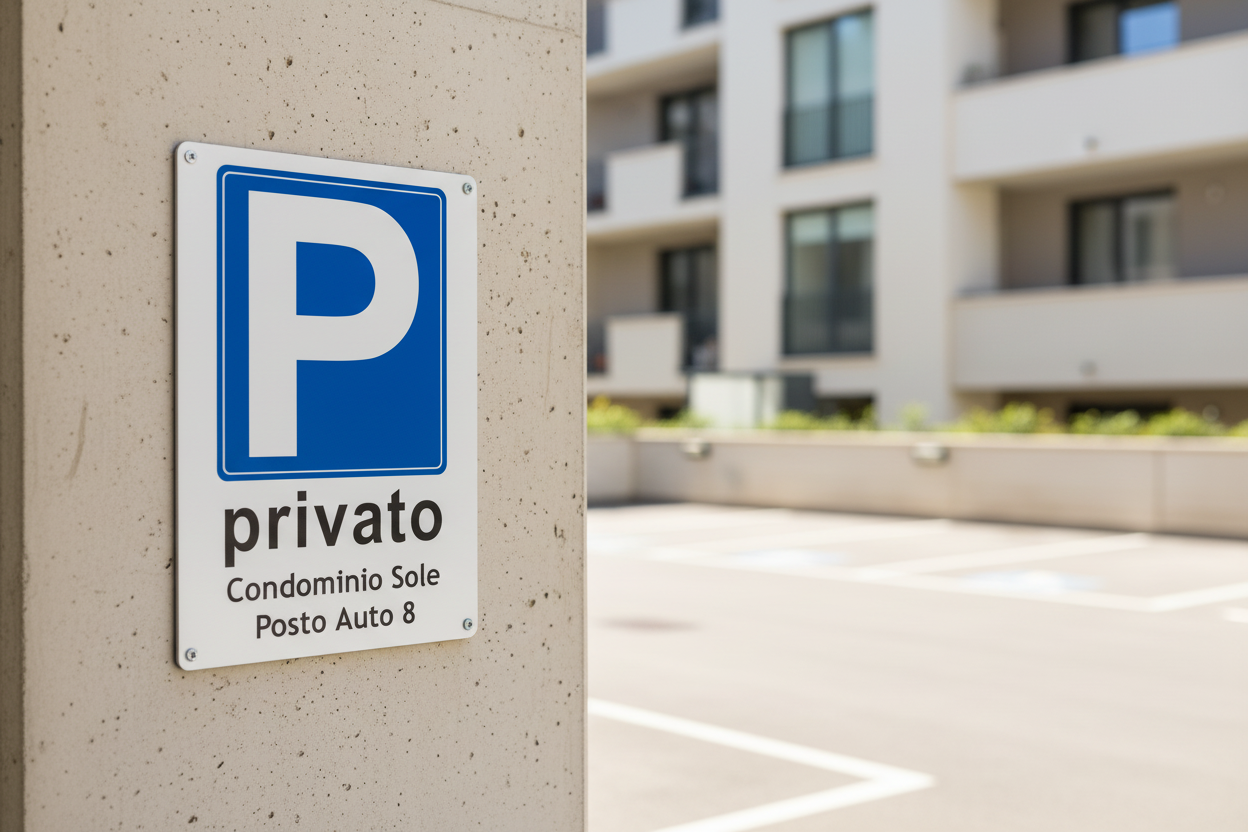 Cartello parcheggio privato su muro condominio