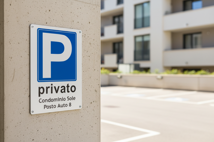 Cartello parcheggio privato su muro condominio