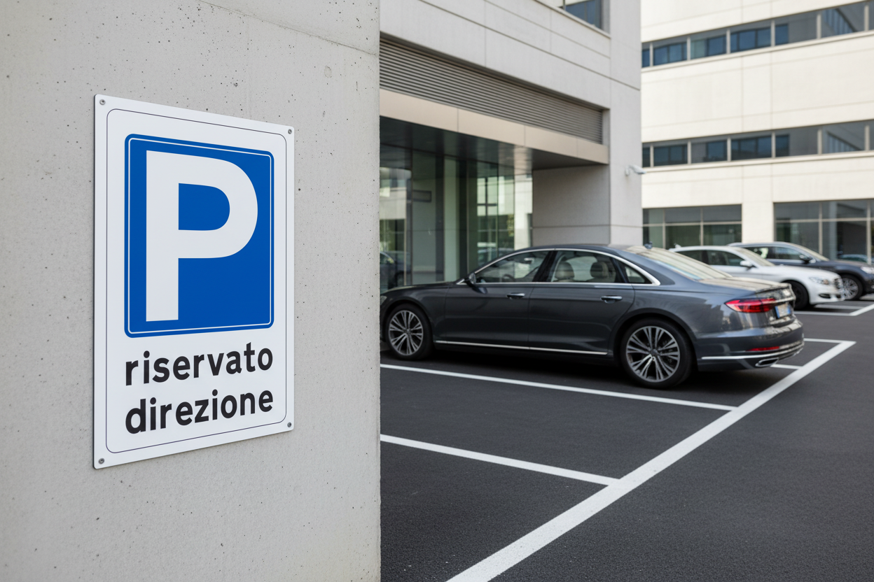 Cartello parcheggio riservato direzione installato a muro