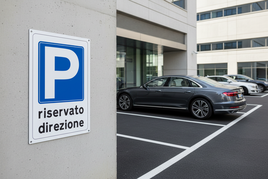 Cartello parcheggio riservato direzione installato a muro