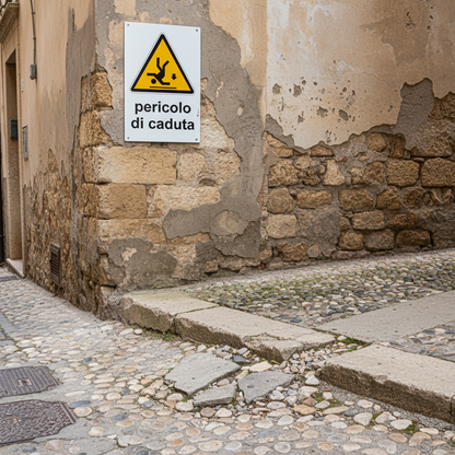Cartello pericolo di caduta su muro con terreno irregolare