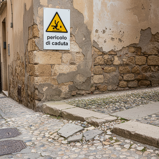 Cartello pericolo di caduta su muro con terreno irregolare