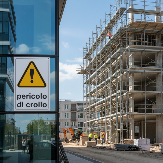 Cartello pericolo di crollo su ufficio moderno con cantiere adiacente