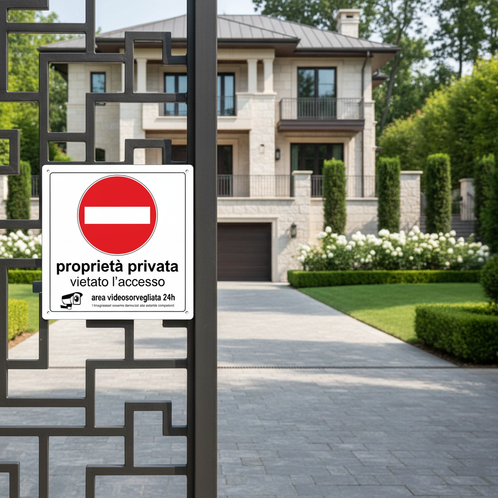 Cartello Proprietà privata su cancello villa di lusso