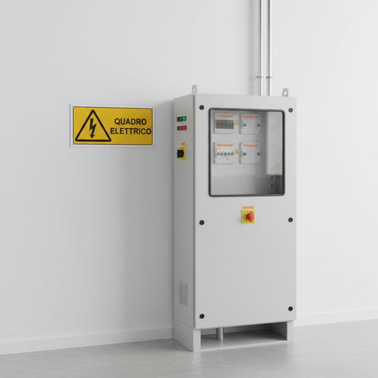 Cartello Quadro Elettrico installato al muro accanto a quadro elettrico