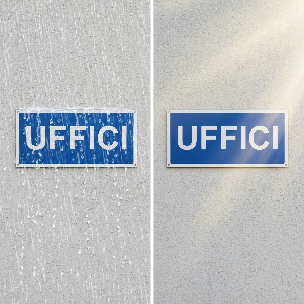 Cartello UFFICI - Test durabilità pioggia e sole