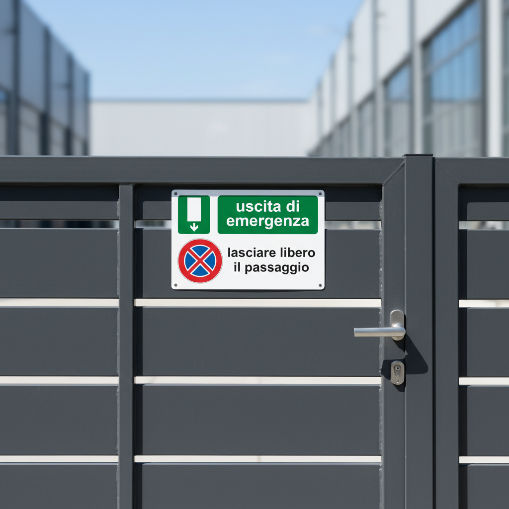 Cartello pubblimania uscita di emergenza lasciare libero il passaggio applicato a cancello