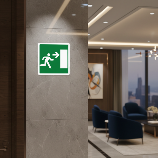 Cartello uscita di sicurezza in ufficio di lusso alluminio composito con 4 fori agli angoli 