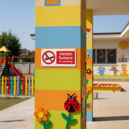 Cartello vietato fumare su muro esterno scuola dell'infanzia