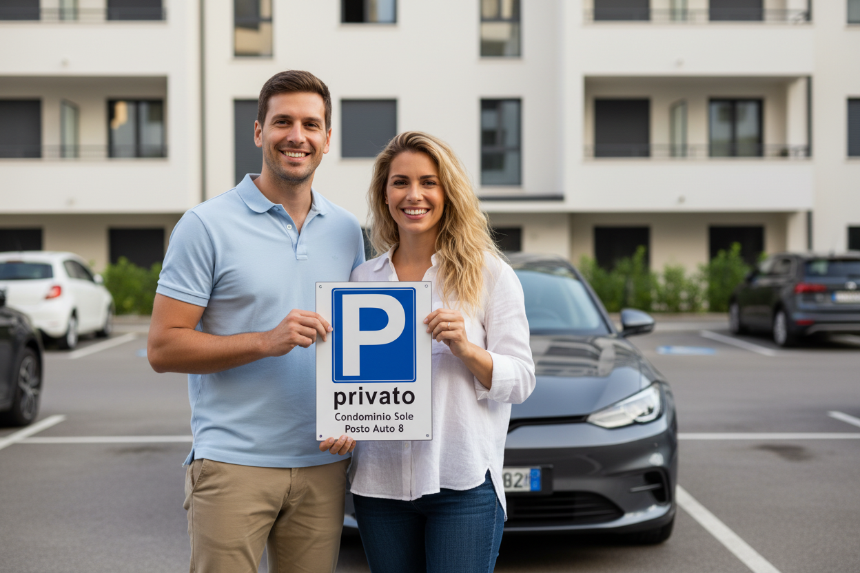 Coppia con cartello parcheggio privato