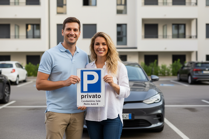 Coppia con cartello parcheggio privato