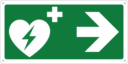 Panneau DEFIBRILLATEUR DEA avec flèche vers la droite en aluminium composite de 3 mm d'épaisseur (29x14,5 cm)
