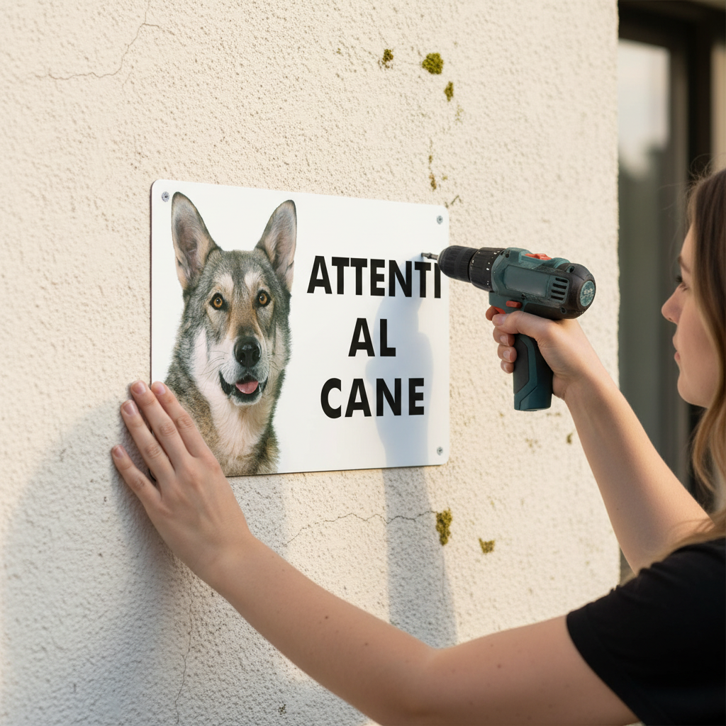 Donna che installa cartello Attenti al Cane Lupo Cecoslovacco