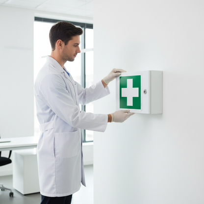 Dottore installa cartello pronto soccorso su cassetta in ufficio moderno
