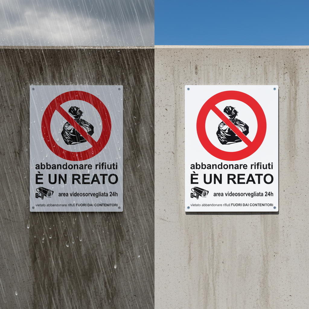 Durabilità cartello divieto abbandono rifiuti - pioggia e sole