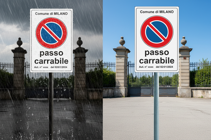Durabilità cartello passo carrabile - pioggia e sole