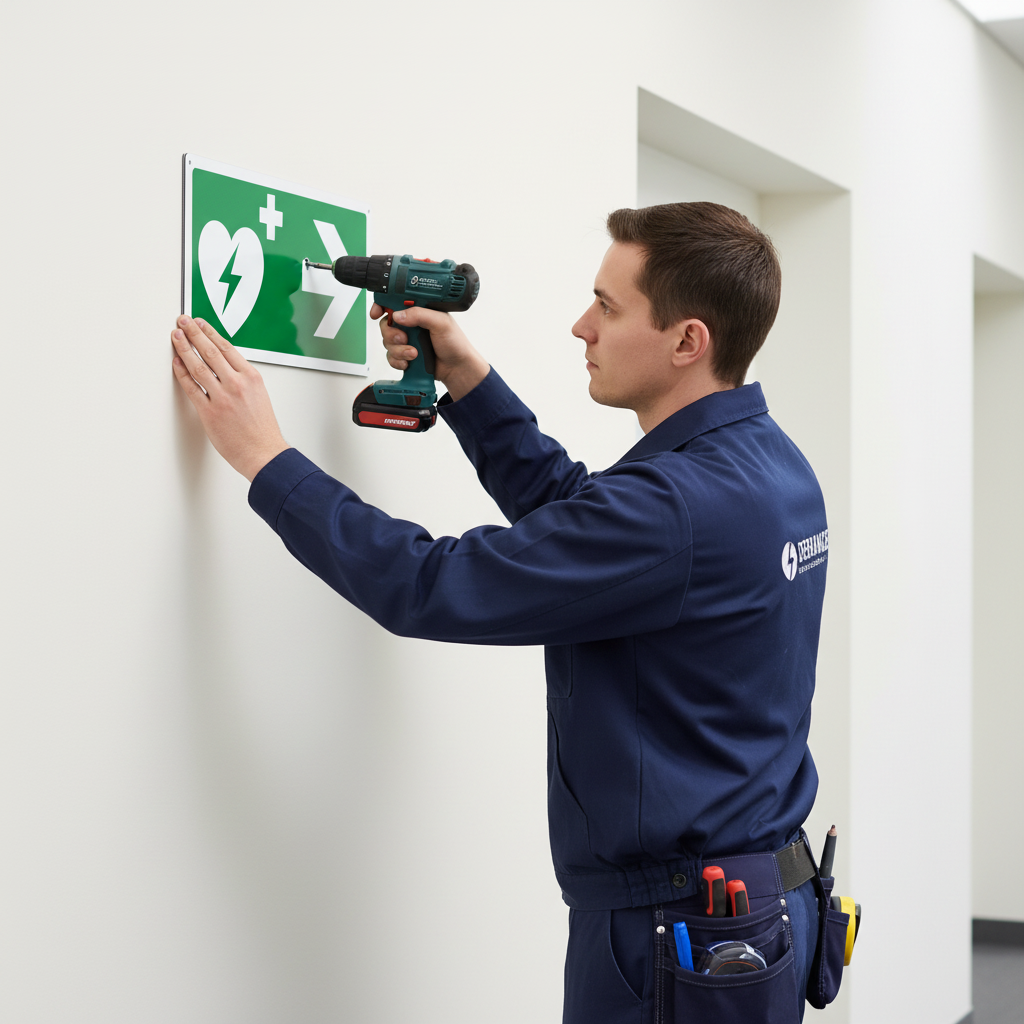 Installatore attacca cartello defibrillatore