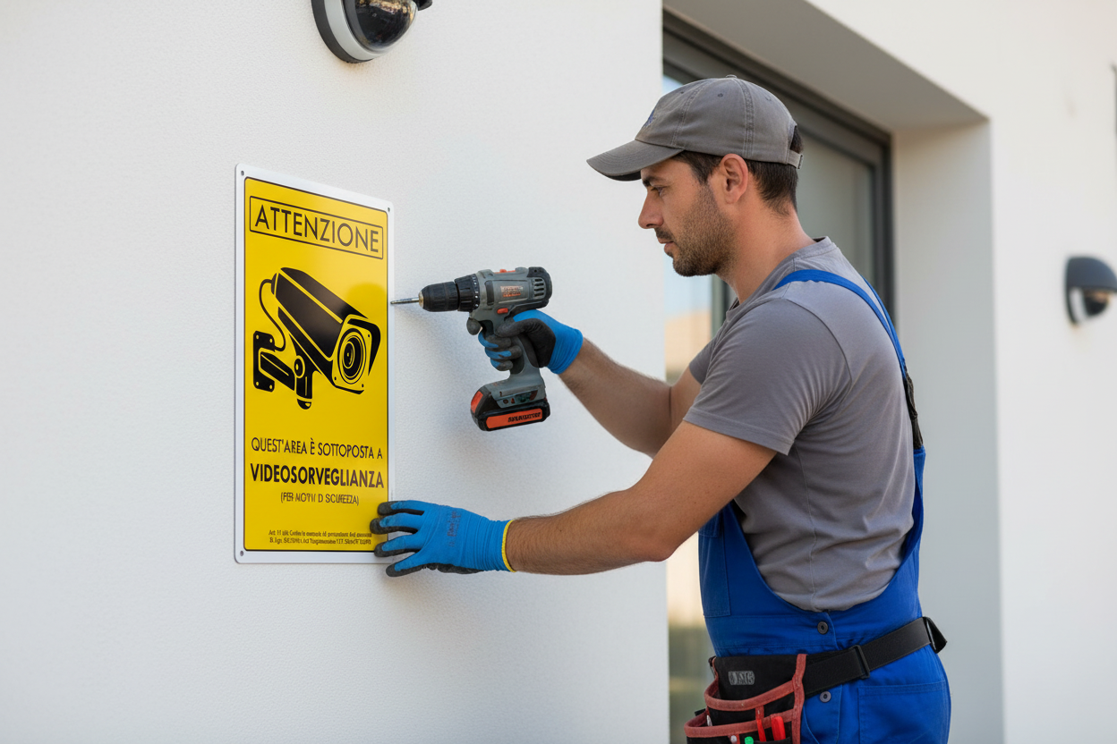 Installatore monta cartello videosorveglianza su villetta