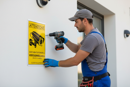 Installatore monta cartello videosorveglianza su villetta