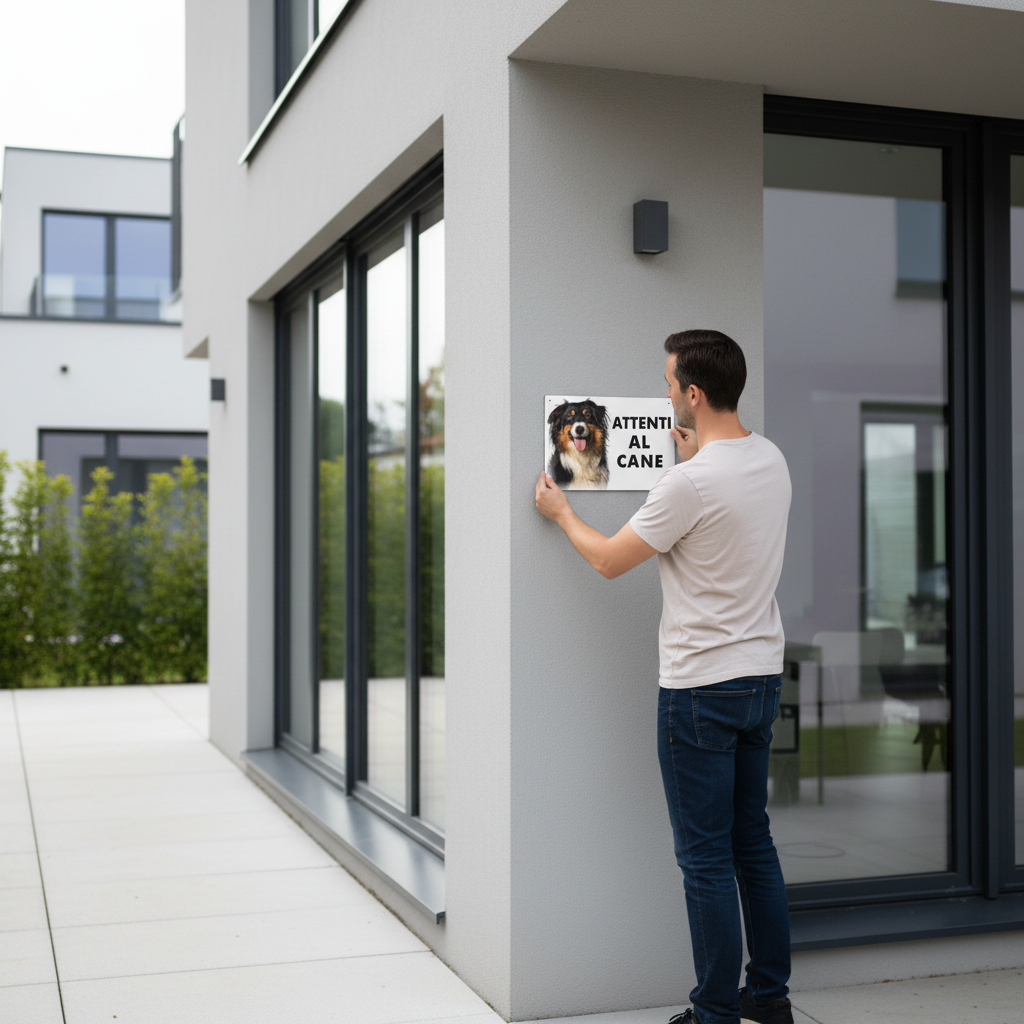Installazione cartello Attenti al Cane - Ambientazione moderna