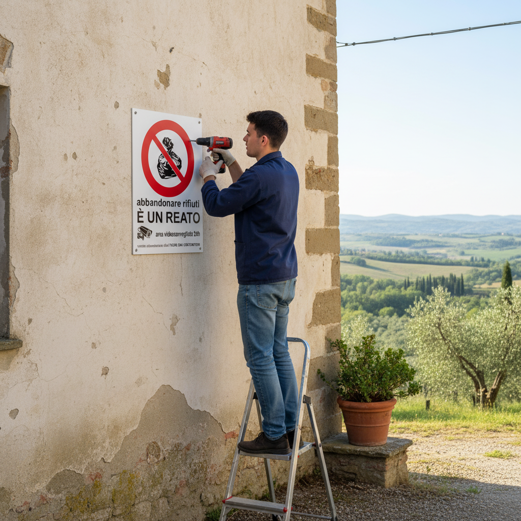 Installazione cartello divieto abbandono rifiuti in campagna