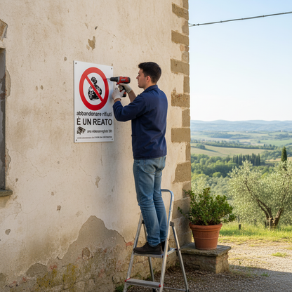 Installazione cartello divieto abbandono rifiuti in campagna