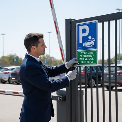 Installazione cartello su cancello parcheggio