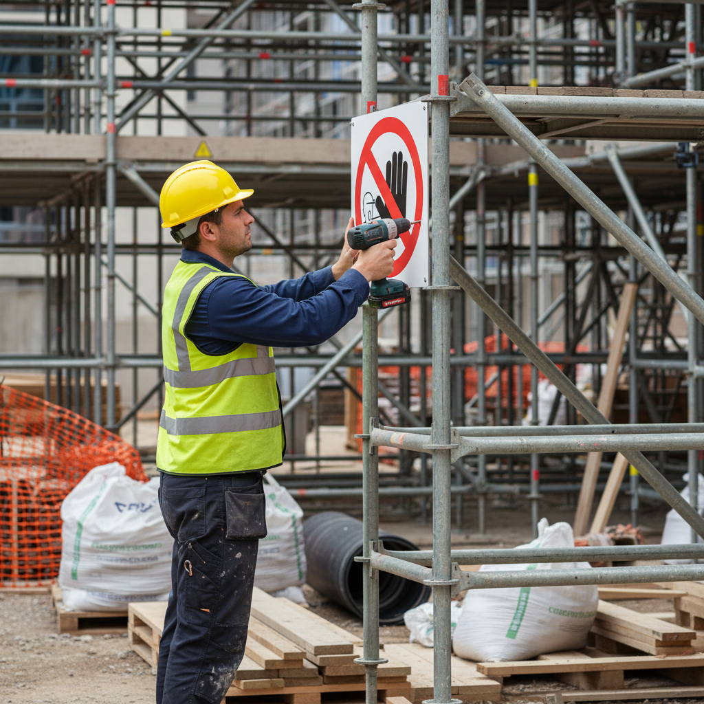 Manovale installa cartello Vietato l'accesso su ponteggio cantiere