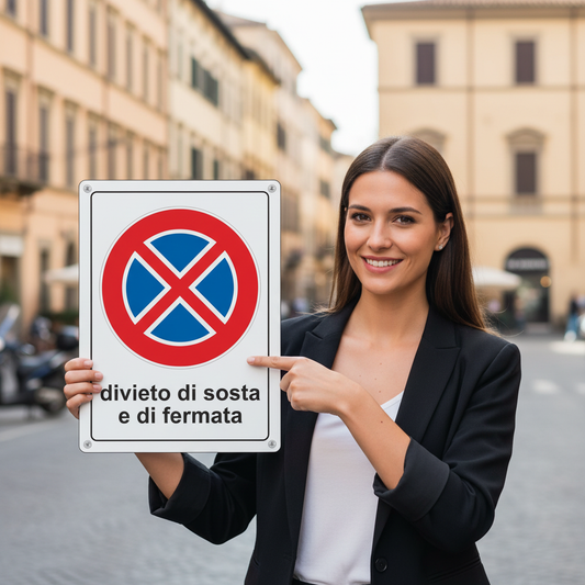 Modella mostra cartello Divieto di Sosta  E DI FERMATA 30x40 
