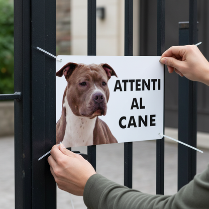 Padrone che attacca cartello Amstaff al cancello con fascette