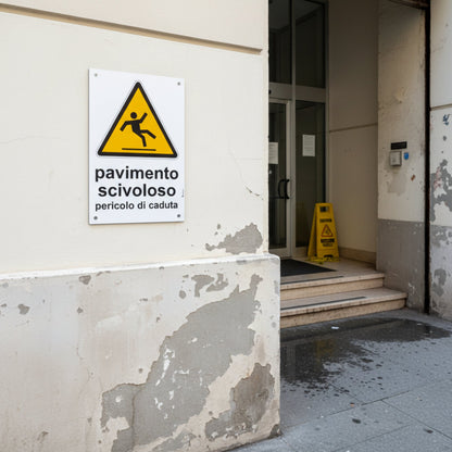 Cartello pavimento scivoloso su muro stabile