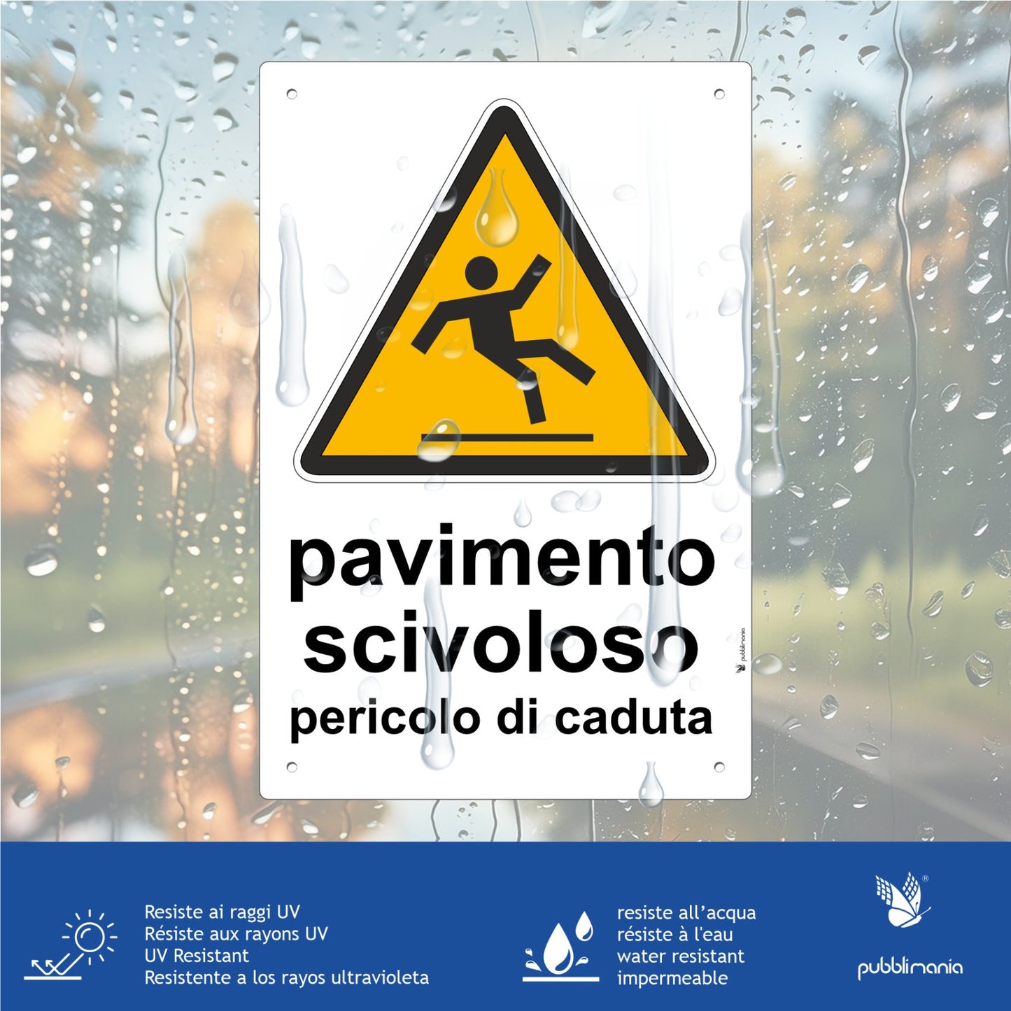 cartello pavimento scivoloso pericolo di caduta segnale in alluminio composito da 3 mm di spessore con 4 fori agli angoli