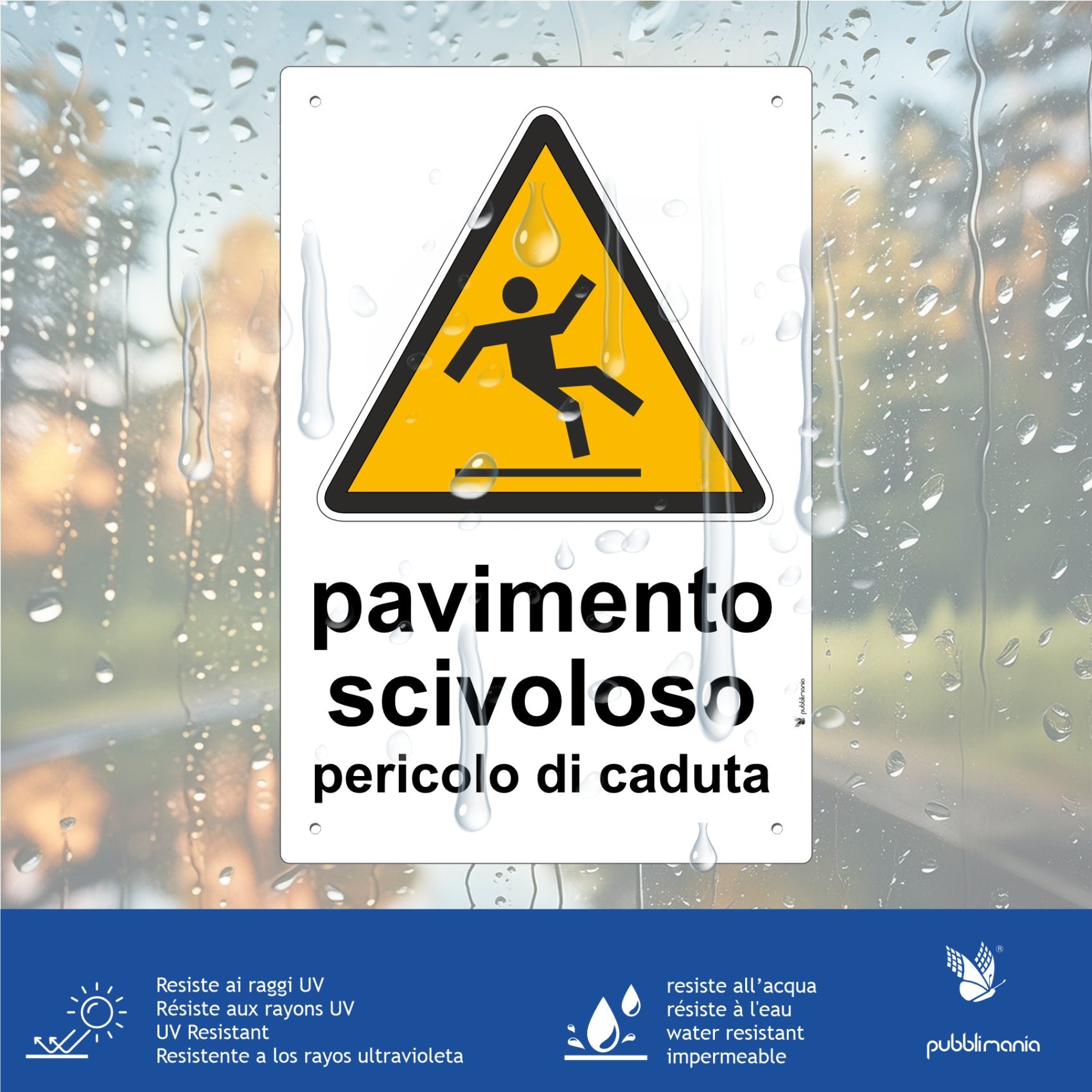 cartello pavimento scivoloso pericolo di caduta segnale in alluminio composito da 3 mm di spessore con 4 fori agli angoli