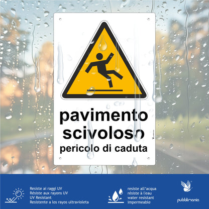 cartello pavimento scivoloso pericolo di caduta segnale in alluminio composito da 3 mm di spessore con 4 fori agli angoli