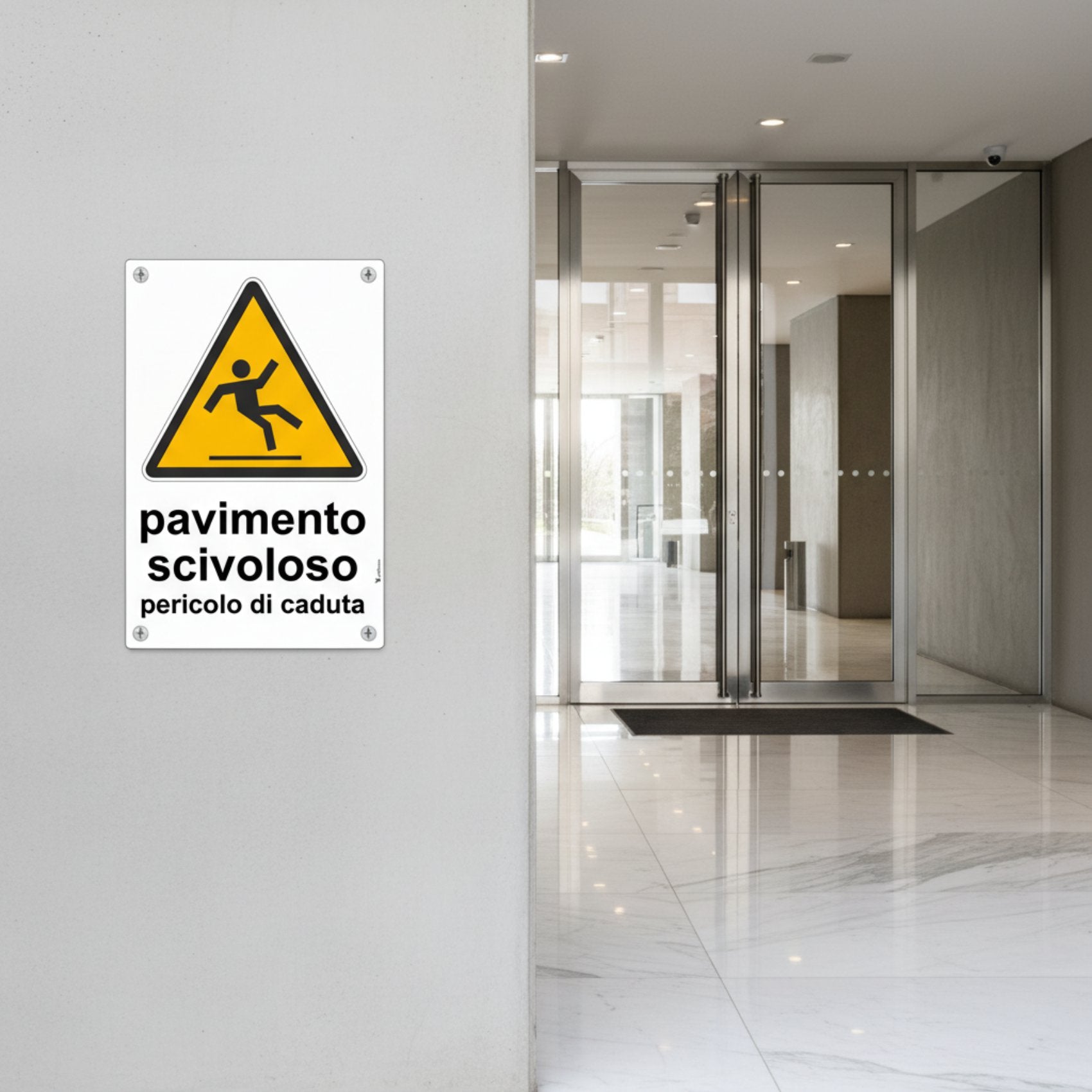 Cartello pavimento scivoloso ingresso stabile moderno