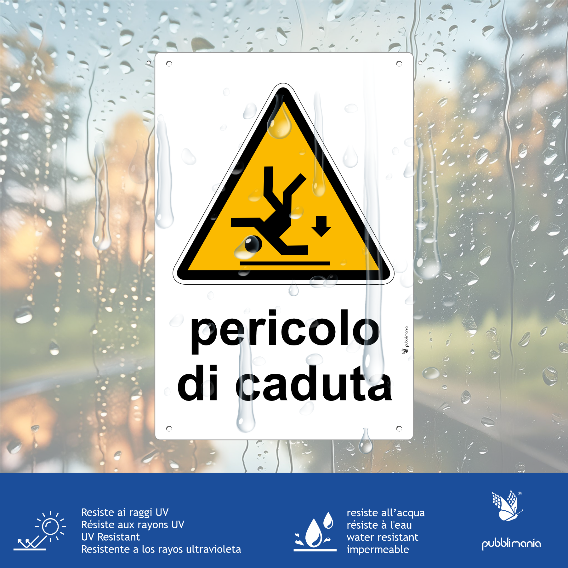 cartello pericolo di caduta in alluminio composito da 3 mm di spessore con 4 fori agli angoli